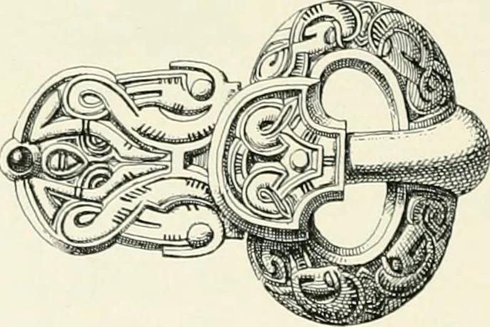 An illustration from Die altgermanische Thierornamentik : typologische Studie über germanische Metallgegenstände aus dem IV. bis IX. Jahrhundert, nebst einer Studie über irische Ornamentik, 1904, leaf 329