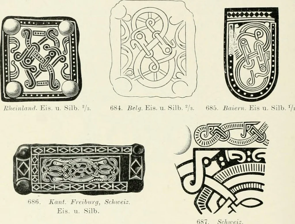 An illustration from Die altgermanische Thierornamentik : typologische Studie über germanische Metallgegenstände aus dem IV. bis IX. Jahrhundert, nebst einer Studie über irische Ornamentik, 1904, leaf 339