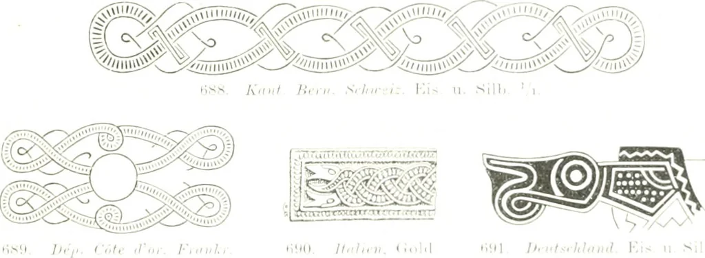 An illustration from Die altgermanische Thierornamentik : typologische Studie über germanische Metallgegenstände aus dem IV. bis IX. Jahrhundert, nebst einer Studie über irische Ornamentik, 1904, leaf 340