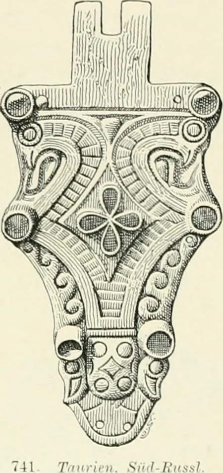 An illustration from Die altgermanische Thierornamentik : typologische Studie über germanische Metallgegenstände aus dem IV. bis IX. Jahrhundert, nebst einer Studie über irische Ornamentik, 1904, leaf 383
