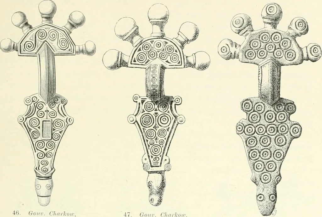 An illustration from Die altgermanische Thierornamentik : typologische Studie über germanische Metallgegenstände aus dem IV. bis IX. Jahrhundert, nebst einer Studie über irische Ornamentik, 1904, leaf 44