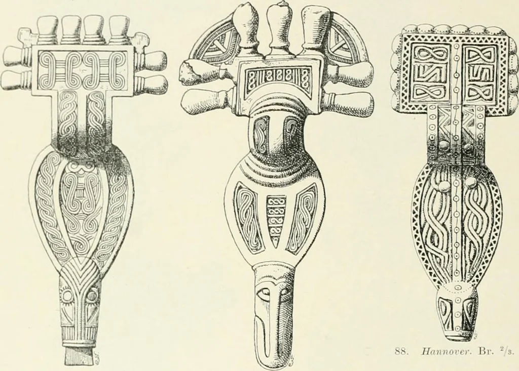 An illustration from Die altgermanische Thierornamentik : typologische Studie über germanische Metallgegenstände aus dem IV. bis IX. Jahrhundert, nebst einer Studie über irische Ornamentik, 1904, leaf 59