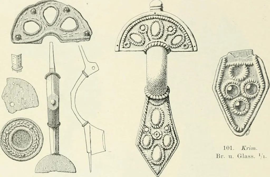 An illustration from Die altgermanische Thierornamentik : typologische Studie über germanische Metallgegenstände aus dem IV. bis IX. Jahrhundert, nebst einer Studie über irische Ornamentik, 1904, leaf 65