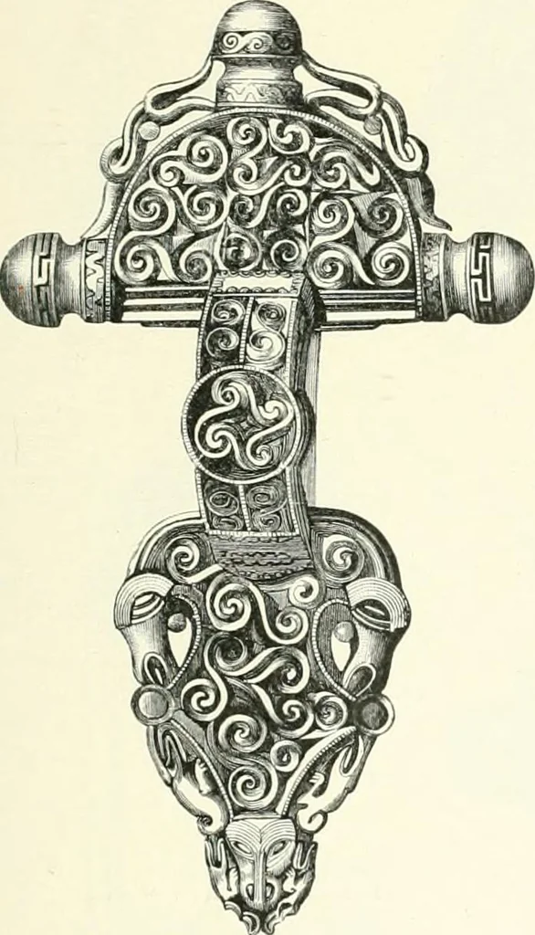 An illustration from Die altgermanische Thierornamentik : typologische Studie über germanische Metallgegenstände aus dem IV. bis IX. Jahrhundert, nebst einer Studie über irische Ornamentik, 1904, leaf 74