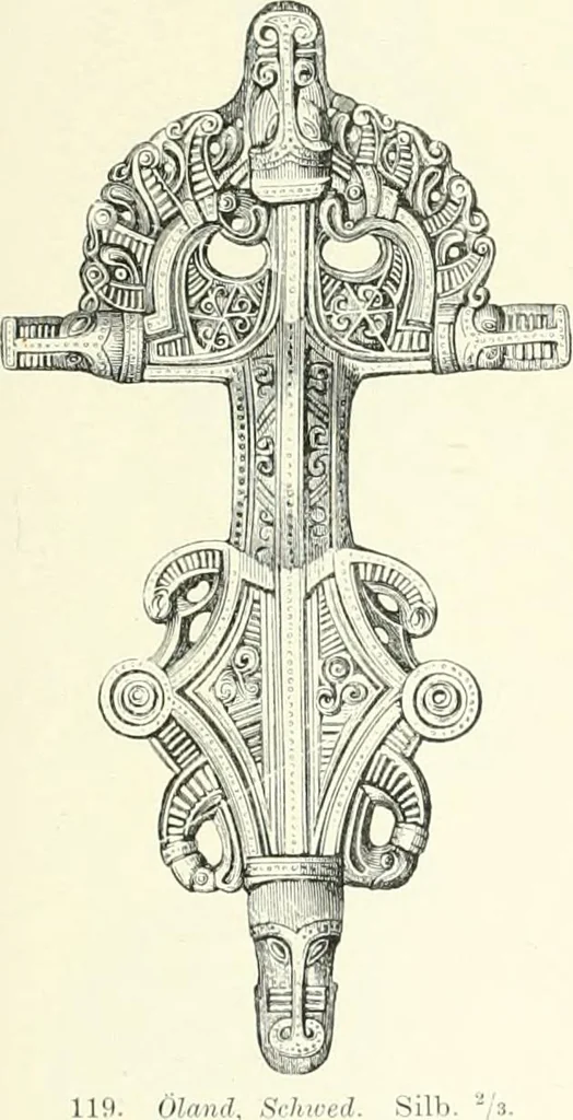 An illustration from Die altgermanische Thierornamentik : typologische Studie über germanische Metallgegenstände aus dem IV. bis IX. Jahrhundert, nebst einer Studie über irische Ornamentik, 1904, leaf 76