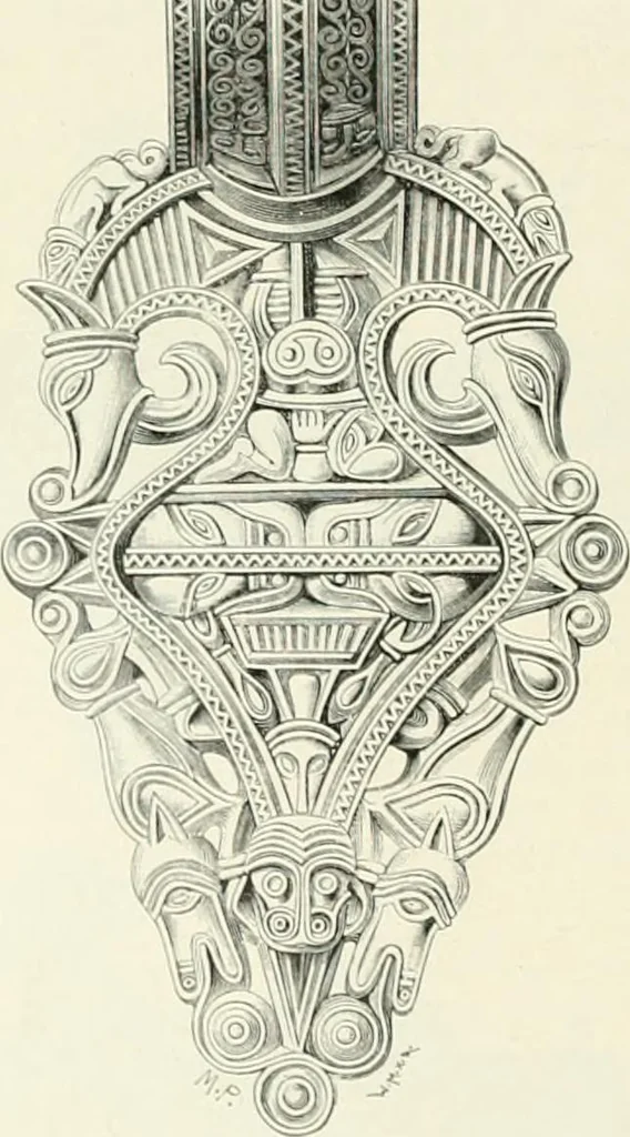 An illustration from Die altgermanische Thierornamentik : typologische Studie über germanische Metallgegenstände aus dem IV. bis IX. Jahrhundert, nebst einer Studie über irische Ornamentik, 1904, leaf 83