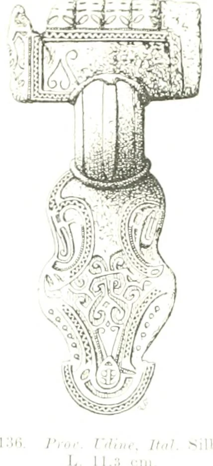 An illustration from Die altgermanische Thierornamentik : typologische Studie über germanische Metallgegenstände aus dem IV. bis IX. Jahrhundert, nebst einer Studie über irische Ornamentik, 1904, leaf 84