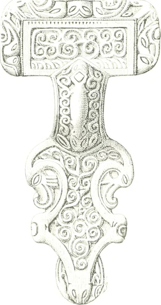 An illustration from Die altgermanische Thierornamentik : typologische Studie über germanische Metallgegenstände aus dem IV. bis IX. Jahrhundert, nebst einer Studie über irische Ornamentik, 1904, leaf 84