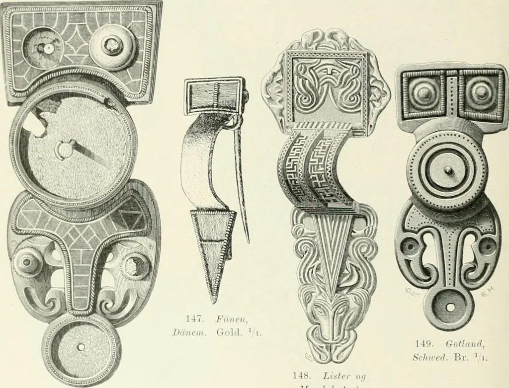 An illustration from Die altgermanische Thierornamentik : typologische Studie über germanische Metallgegenstände aus dem IV. bis IX. Jahrhundert, nebst einer Studie über irische Ornamentik, 1904, leaf 89