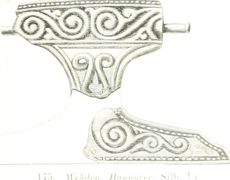 An illustration from Die altgermanische Thierornamentik : typologische Studie über germanische Metallgegenstände aus dem IV. bis IX. Jahrhundert, nebst einer Studie über irische Ornamentik, 1904, leaf 98