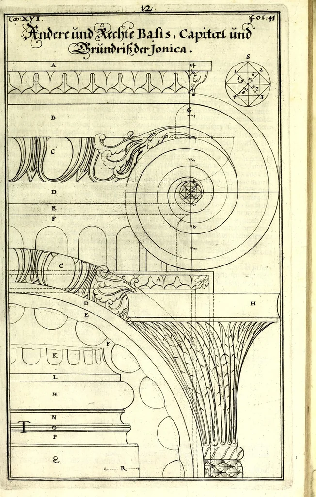 An illustration from Die Baumeisterin Pallas, oder, Der in Teutschland erstandene Palladius : das ist, des vortrefflich-italiänischen Baumeisters Andreae Palladii ziven Bücher von der Bau-Kunst ... : ins Teutsche nach dem Italiänischen übersetzet, mit nothwendigen additionibus und notis, auch dazu gehörigen Figuren erbaulich ausgerüstet, und zum erstenmal an den Tag gegeben, 1698, leaf 101