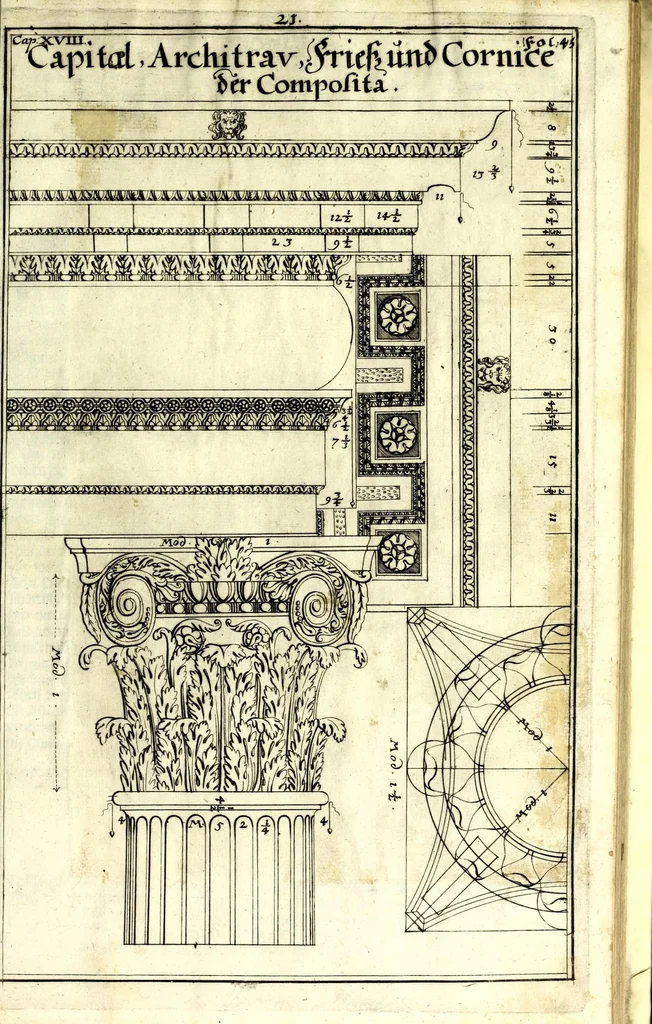 An illustration from Die Baumeisterin Pallas, oder, Der in Teutschland erstandene Palladius : das ist, des vortrefflich-italiänischen Baumeisters Andreae Palladii ziven Bücher von der Bau-Kunst ... : ins Teutsche nach dem Italiänischen übersetzet, mit nothwendigen additionibus und notis, auch dazu gehörigen Figuren erbaulich ausgerüstet, und zum erstenmal an den Tag gegeben, 1698, leaf 123