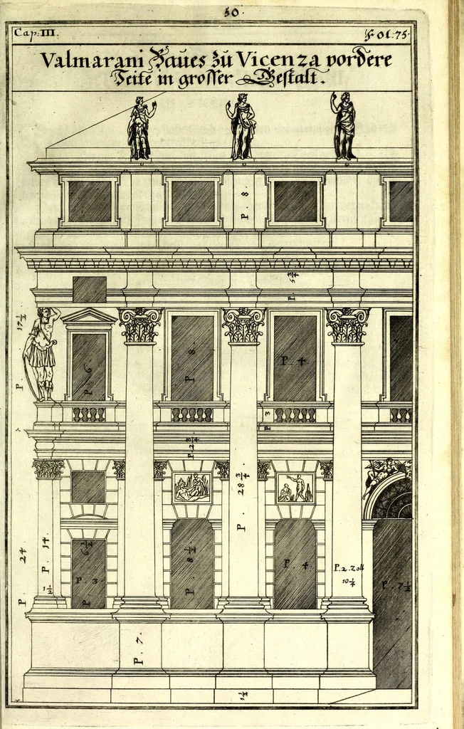 An illustration from Die Baumeisterin Pallas, oder, Der in Teutschland erstandene Palladius : das ist, des vortrefflich-italiänischen Baumeisters Andreae Palladii ziven Bücher von der Bau-Kunst ... : ins Teutsche nach dem Italiänischen übersetzet, mit nothwendigen additionibus und notis, auch dazu gehörigen Figuren erbaulich ausgerüstet, und zum erstenmal an den Tag gegeben, 1698, leaf 211