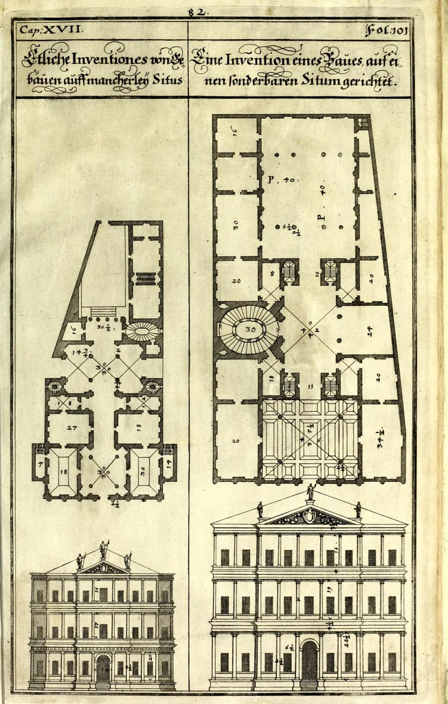 An illustration from Die Baumeisterin Pallas, oder, Der in Teutschland erstandene Palladius : das ist, des vortrefflich-italiänischen Baumeisters Andreae Palladii ziven Bücher von der Bau-Kunst ... : ins Teutsche nach dem Italiänischen übersetzet, mit nothwendigen additionibus und notis, auch dazu gehörigen Figuren erbaulich ausgerüstet, und zum erstenmal an den Tag gegeben, 1698, leaf 301