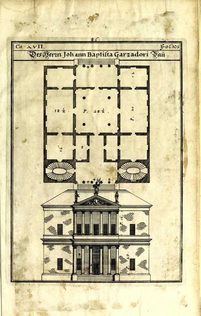 An illustration from Die Baumeisterin Pallas, oder, Der in Teutschland erstandene Palladius : das ist, des vortrefflich-italiänischen Baumeisters Andreae Palladii ziven Bücher von der Bau-Kunst ... : ins Teutsche nach dem Italiänischen übersetzet, mit nothwendigen additionibus und notis, auch dazu gehörigen Figuren erbaulich ausgerüstet, und zum erstenmal an den Tag gegeben, 1698, leaf 313