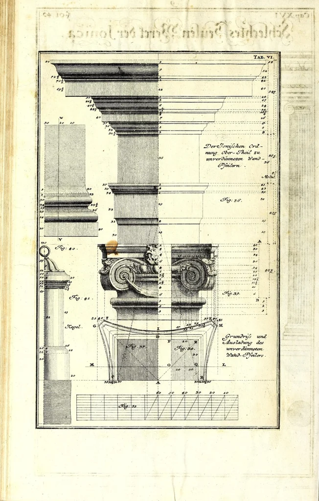 An illustration from Die Baumeisterin Pallas, oder, Der in Teutschland erstandene Palladius : das ist, des vortrefflich-italiänischen Baumeisters Andreae Palladii ziven Bücher von der Bau-Kunst ... : ins Teutsche nach dem Italiänischen übersetzet, mit nothwendigen additionibus und notis, auch dazu gehörigen Figuren erbaulich ausgerüstet, und zum erstenmal an den Tag gegeben, 1698, leaf 96