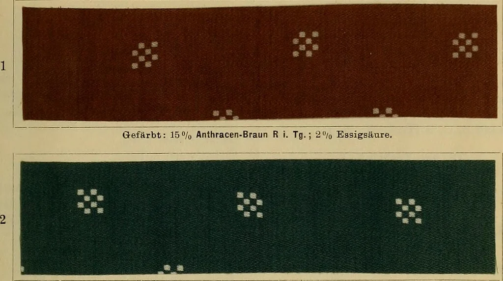 An illustration from Die Biezenfarbstoffe der Fabriken vorm. Friedr. Bayer & Co., Elberfeld, auf dem Gebiet der Fruckerei und Färberei, 1901, leaf 207