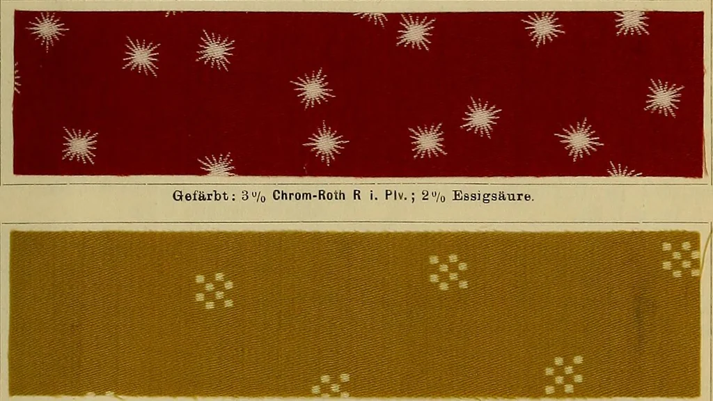 An illustration from Die Biezenfarbstoffe der Fabriken vorm. Friedr. Bayer & Co., Elberfeld, auf dem Gebiet der Fruckerei und Färberei, 1901, leaf 207
