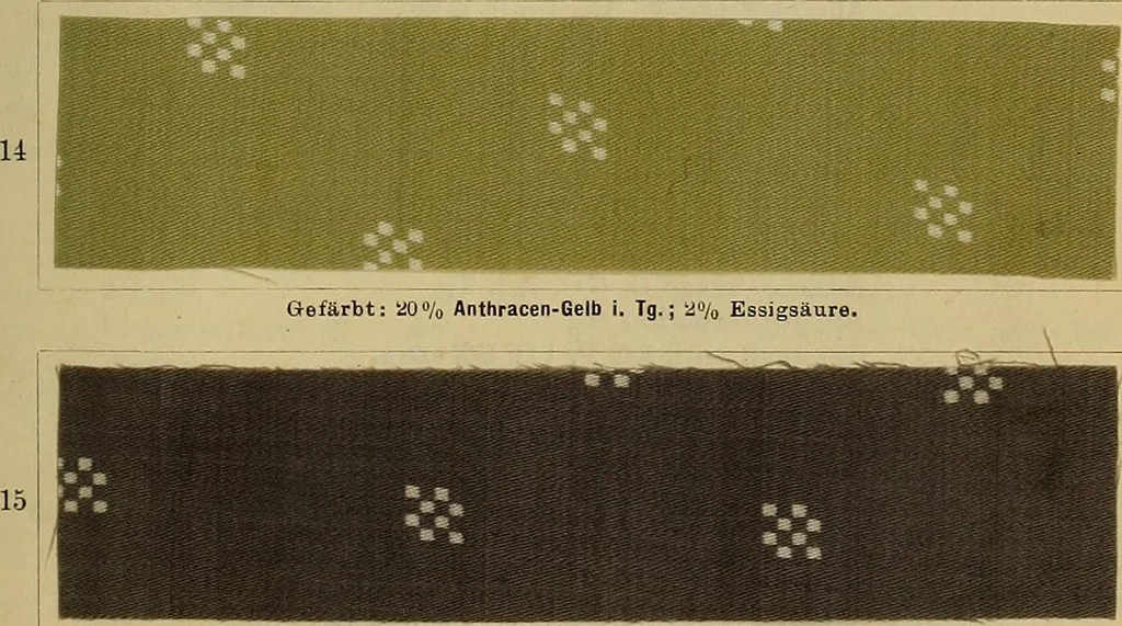 An illustration from Die Biezenfarbstoffe der Fabriken vorm. Friedr. Bayer & Co., Elberfeld, auf dem Gebiet der Fruckerei und Färberei, 1901, leaf 211
