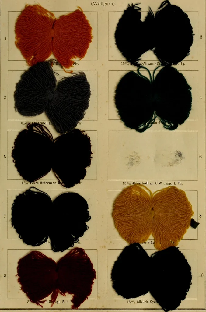 An illustration from Die Biezenfarbstoffe der Fabriken vorm. Friedr. Bayer & Co., Elberfeld, auf dem Gebiet der Fruckerei und Färberei, 1901, leaf 329