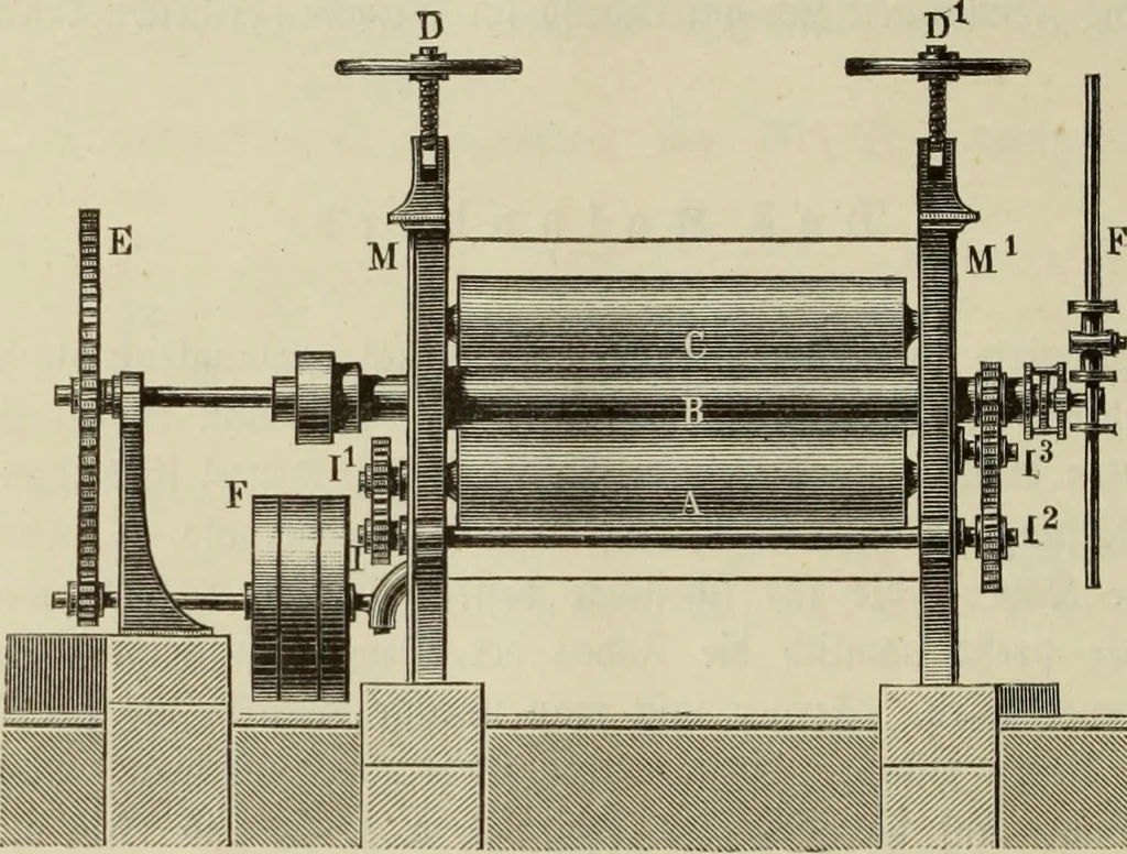 An illustration from Die Bleicherei, Druckerei, Färberei und Appretur der baumwollenen Gewebe : ein praktisches Handbuch für Chemiker, Coloristen, Techniker, Leiter von Fabriken, Studirende der Chemie auf Universitäten, polytechnischen Hochschulen und anderen Anstalten, zum praktischen Gebrauche und zum Selbstunterricht, 1883, leaf 308