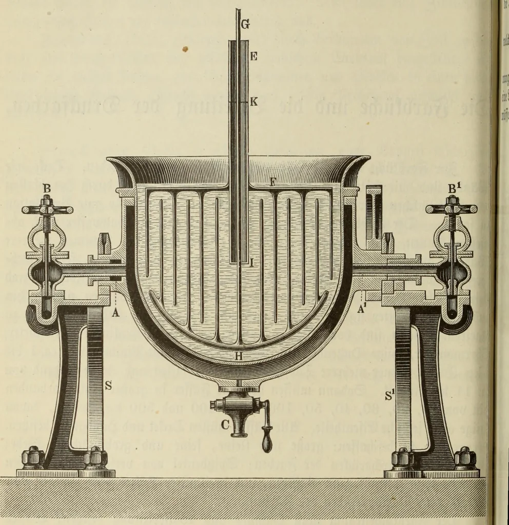 An illustration from Die Bleicherei, Druckerei, Färberei und Appretur der baumwollenen Gewebe : ein praktisches Handbuch für Chemiker, Coloristen, Techniker, Leiter von Fabriken, Studirende der Chemie auf Universitäten, polytechnischen Hochschulen und anderen Anstalten, zum praktischen Gebrauche und zum Selbstunterricht, 1883, leaf 74
