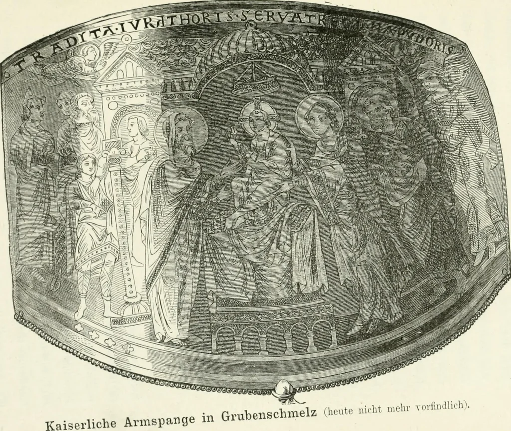 An illustration from Die byzantinischen Zellenschmelze der Sammlung Alex. von Swenigorodskoï und das darüber veröffentlichte Prachtwerk. Archäologisch-kunstgeschichtliche Studie, 1896, leaf 325