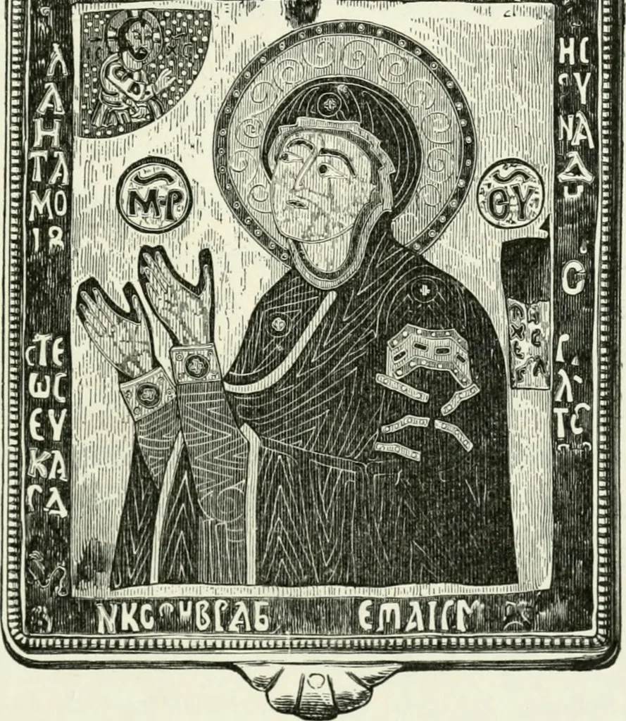 An illustration from Die byzantinischen Zellenschmelze der Sammlung Alex. von Swenigorodskoï und das darüber veröffentlichte Prachtwerk. Archäologisch-kunstgeschichtliche Studie, 1896, leaf 333