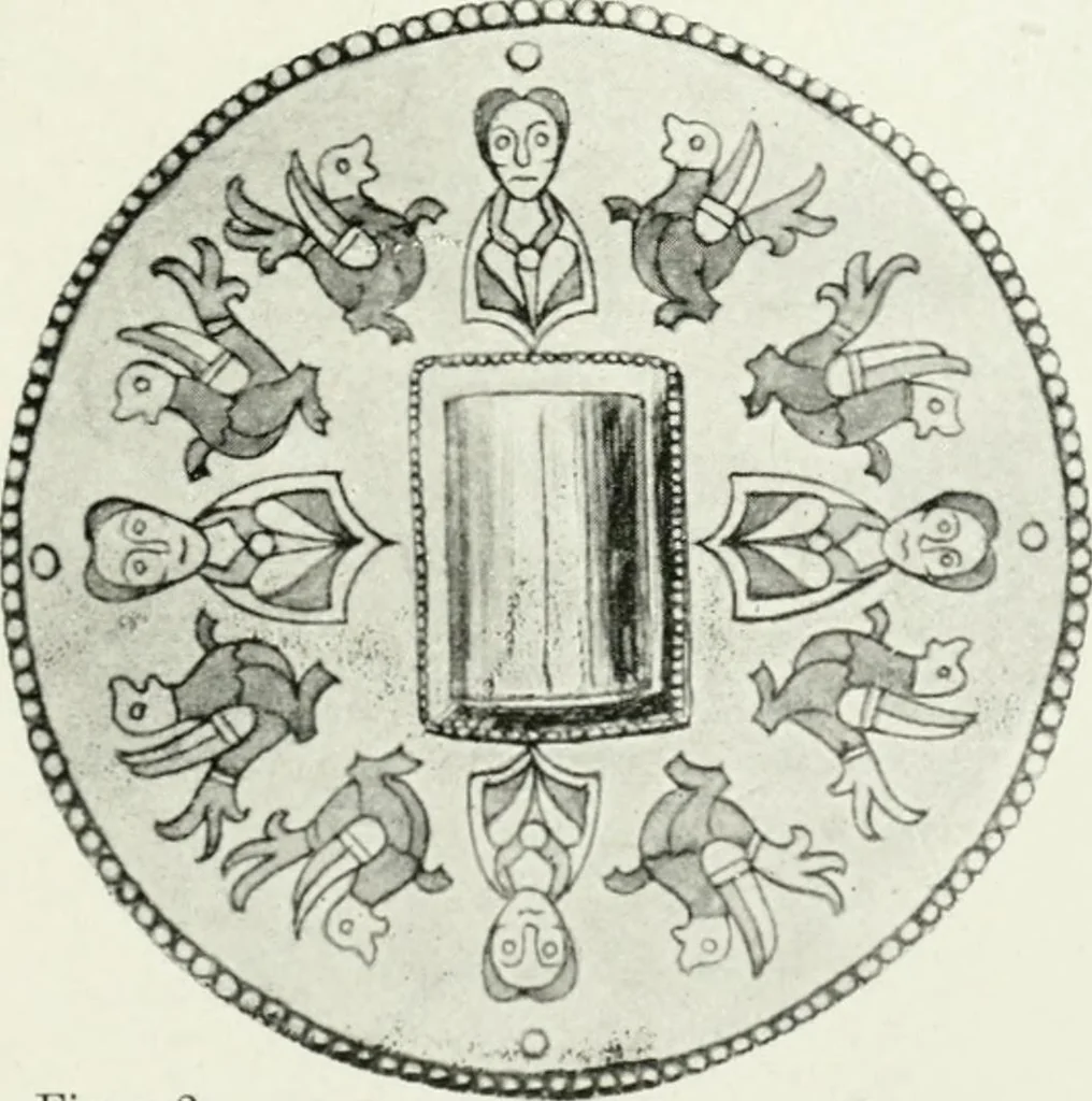 An illustration from Die byzantinischen Zellenschmelze der Sammlung Alex. von Swenigorodskoï und das darüber veröffentlichte Prachtwerk. Archäologisch-kunstgeschichtliche Studie, 1896, leaf 483