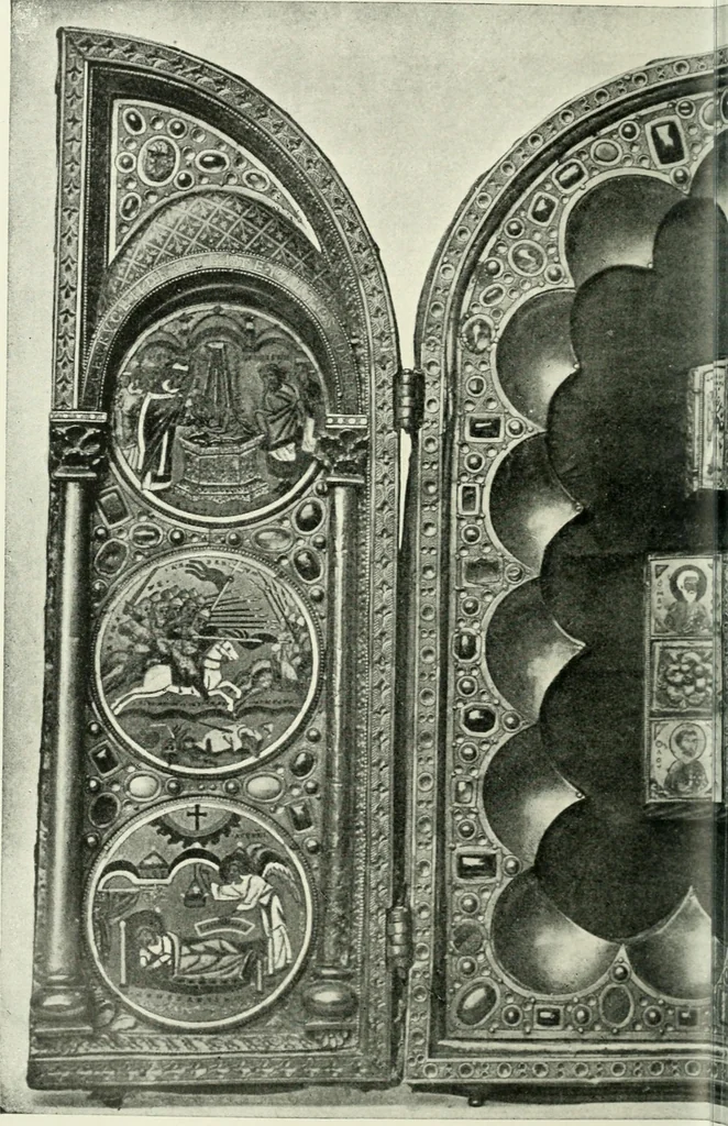 An illustration from Die byzantinischen Zellenschmelze der Sammlung Alex. von Swenigorodskoï und das darüber veröffentlichte Prachtwerk. Archäologisch-kunstgeschichtliche Studie, 1896, leaf 486