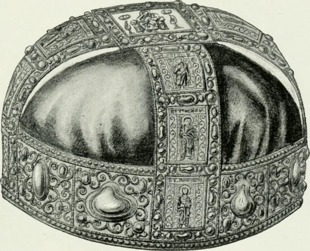 An illustration from Die byzantinischen Zellenschmelze der Sammlung Alex. von Swenigorodskoï und das darüber veröffentlichte Prachtwerk. Archäologisch-kunstgeschichtliche Studie, 1896, leaf 489