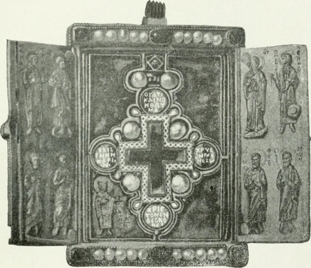 An illustration from Die byzantinischen Zellenschmelze der Sammlung Alex. von Swenigorodskoï und das darüber veröffentlichte Prachtwerk. Archäologisch-kunstgeschichtliche Studie, 1896, leaf 503