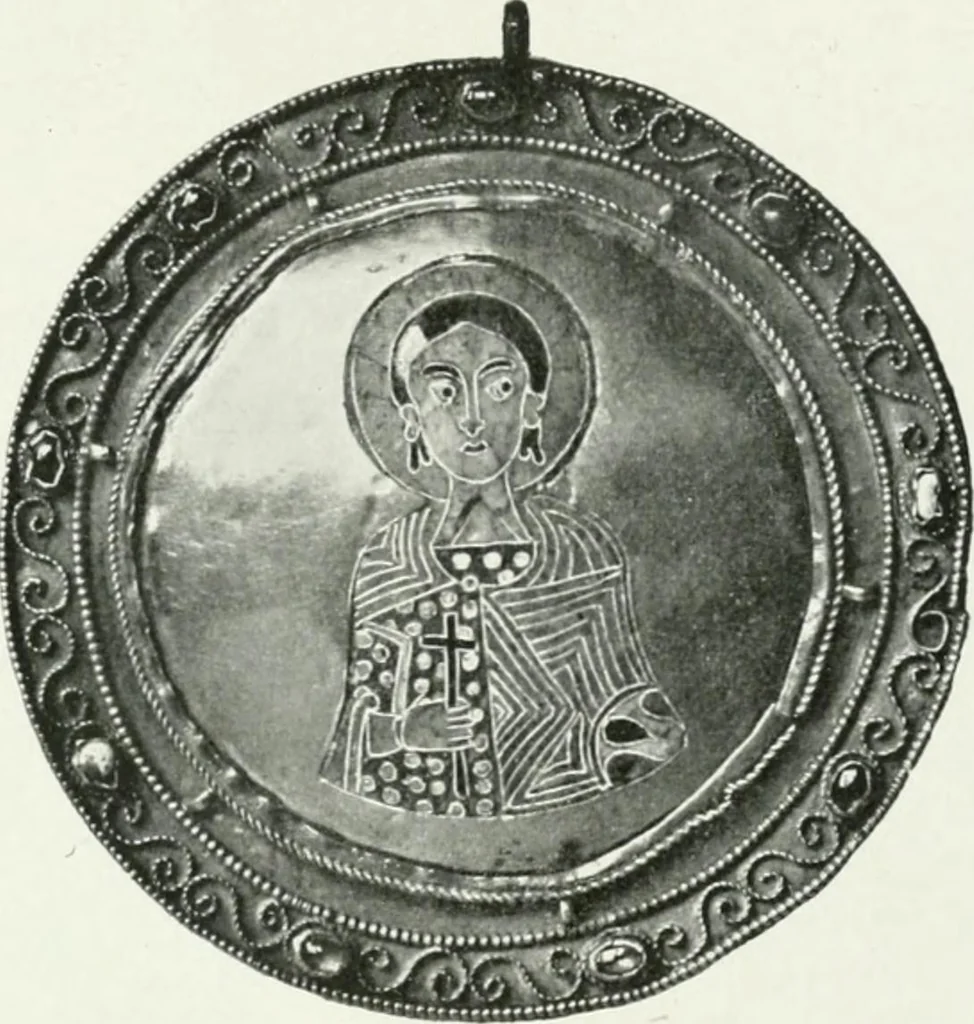 An illustration from Die byzantinischen Zellenschmelze der Sammlung Alex. von Swenigorodskoï und das darüber veröffentlichte Prachtwerk. Archäologisch-kunstgeschichtliche Studie, 1896, leaf 517