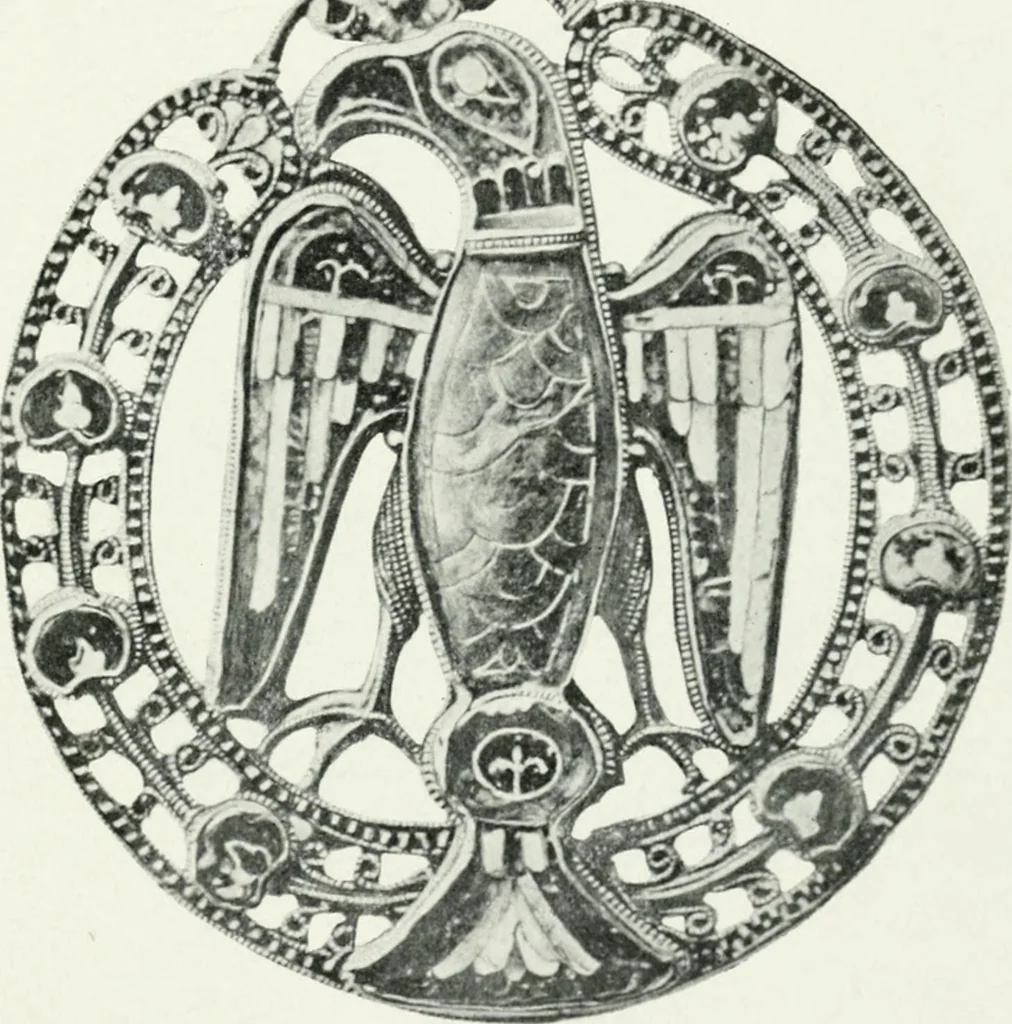 An illustration from Die byzantinischen Zellenschmelze der Sammlung Alex. von Swenigorodskoï und das darüber veröffentlichte Prachtwerk. Archäologisch-kunstgeschichtliche Studie, 1896, leaf 523