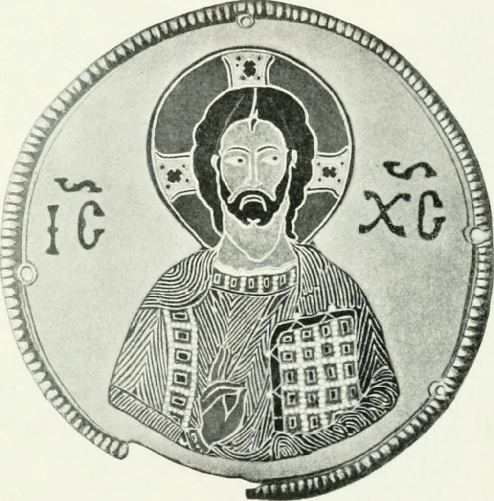 An illustration from Die byzantinischen Zellenschmelze der Sammlung Alex. von Swenigorodskoï und das darüber veröffentlichte Prachtwerk. Archäologisch-kunstgeschichtliche Studie, 1896, leaf 525