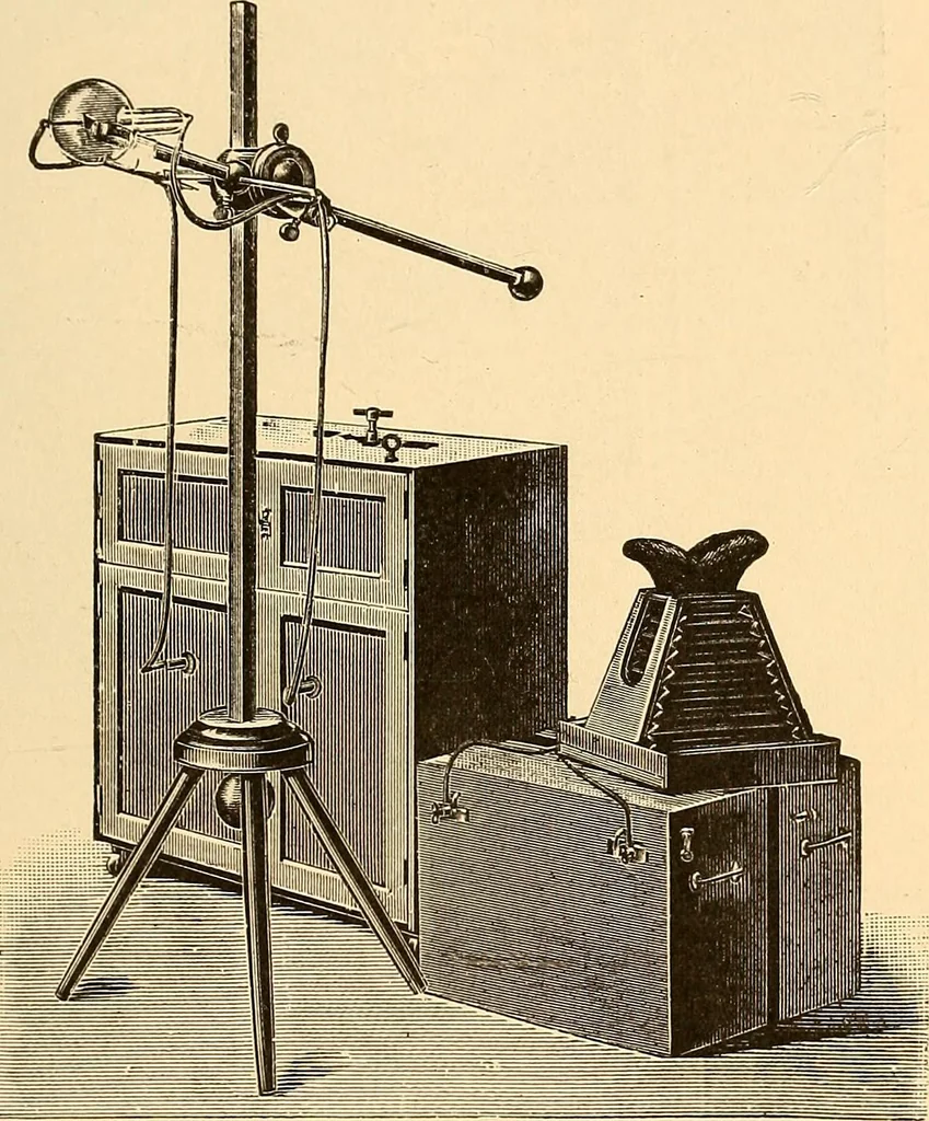 An illustration from Die Einrichtungen zur Erzeugung der Roentgenstrahlen und ihr Gebrauch : gemeinfasslich dargestellt insbesondere auch für Ärzte und Kliniken, 1899, leaf 115