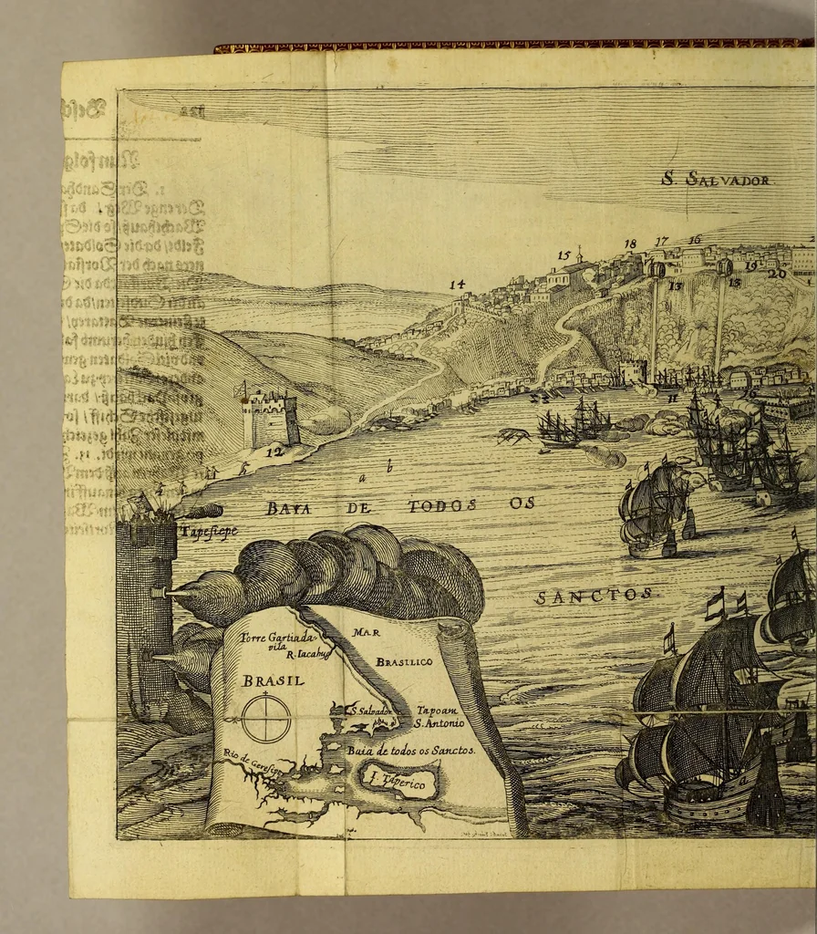 An illustration from Die ein vnd zwantzigste Schifffahrt, oder Gründliche vnd vmbständliche fernere Beschreibung der vollkomnesten Landschafft Brasilien, Americae, vnd deroselben Innwohner vnd Sitten, mit sampt einem angehenckten Verlauff, wie ein Engellendischer Capiteyn, Parck et genant, S. Vincentem, vnd den Portum Bellum erobert. : Item: was Gestalt, der schöne Portus vnd Hafe Totos los Sanctos, sampt der Statt Salvator in Anno 1624. von den Holländern gewunnen, vnd hernach wider verlaffen worden. Item: ein vollkömlicher Discurs, wie die spanische Silber-Flotta in der Insul Cuba, in der Baia Matanca in Anno 1628. von dem Manhafften Peter Peters Heyn, vnd Admiral Henrich Cornelius Lonsa erobert vnd glücklich in Hollandt ein gebracht worden, 1629, leaf 134