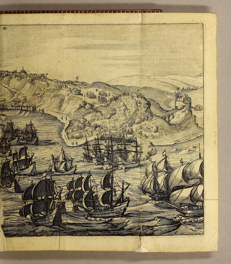 An illustration from Die ein vnd zwantzigste Schifffahrt, oder Gründliche vnd vmbständliche fernere Beschreibung der vollkomnesten Landschafft Brasilien, Americae, vnd deroselben Innwohner vnd Sitten, mit sampt einem angehenckten Verlauff, wie ein Engellendischer Capiteyn, Parck et genant, S. Vincentem, vnd den Portum Bellum erobert. : Item: was Gestalt, der schöne Portus vnd Hafe Totos los Sanctos, sampt der Statt Salvator in Anno 1624. von den Holländern gewunnen, vnd hernach wider verlaffen worden. Item: ein vollkömlicher Discurs, wie die spanische Silber-Flotta in der Insul Cuba, in der Baia Matanca in Anno 1628. von dem Manhafften Peter Peters Heyn, vnd Admiral Henrich Cornelius Lonsa erobert vnd glücklich in Hollandt ein gebracht worden, 1629, leaf 135