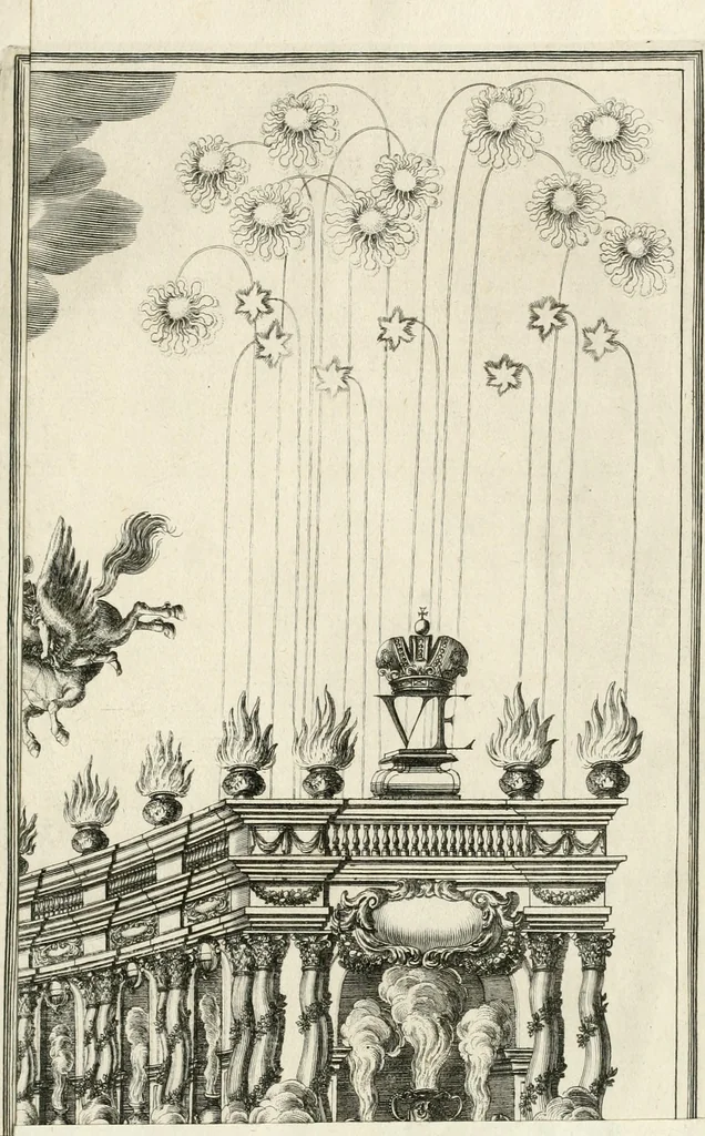 An illustration from Die Fackel des Prometheus : künstliches Lust-Feuer, als beede kayserliche Mayestätten Leopold und Eleonora Magdalena Theresia, nach dero zu Passau gehaltenem hochzeitlichen Beylager zu Wienn eingezogen, vor dem Burg-Thor gehalten, 1677, leaf 10