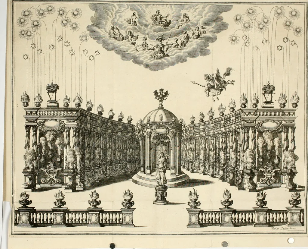 An illustration from Die Fackel des Prometheus : künstliches Lust-Feuer, als beede kayserliche Mayestätten Leopold und Eleonora Magdalena Theresia, nach dero zu Passau gehaltenem hochzeitlichen Beylager zu Wienn eingezogen, vor dem Burg-Thor gehalten, 1677, leaf 11