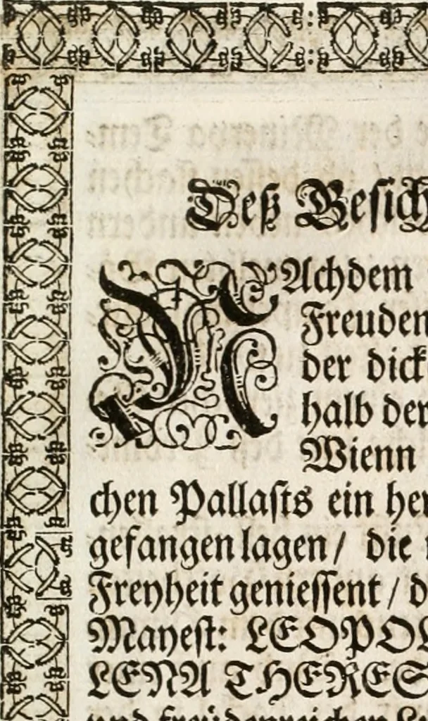 An illustration from Die Fackel des Prometheus : künstliches Lust-Feuer, als beede kayserliche Mayestätten Leopold und Eleonora Magdalena Theresia, nach dero zu Passau gehaltenem hochzeitlichen Beylager zu Wienn eingezogen, vor dem Burg-Thor gehalten, 1677, leaf 12