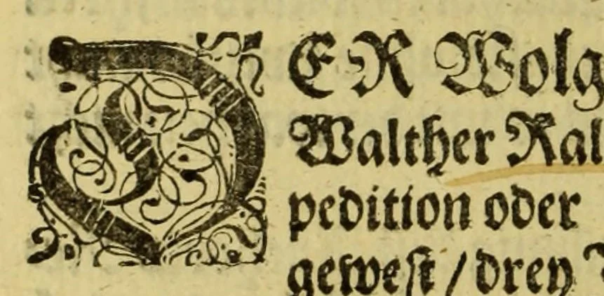 An illustration from Die fünffte kurtze wunderbare Beschreibung, dess Goldreichen Königreichs Guianae in America oder neuen Welt, vnter der Linea Aequinoctiali gelegen: so neulich Anno 1594. 1595. vnd 1596. von dem wolgebornen Herrn, Herrn Walthero Ralegh einem englischen Ritter, besucht worden: : erstlich auss befehl seiner Gnaden in zweyen Büchlein beschrieben, darauss Jodocus Hondius, ein schöne Land Tafel, mit einer niderländischen Erklärung gemacht. Jetzt aber ins Hochteutsch gebracht, vnd auss vnterschiedlichen Authoribus erkläret, 1603, leaf 12