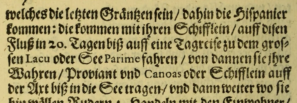 An illustration from Die fünffte kurtze wunderbare Beschreibung, dess Goldreichen Königreichs Guianae in America oder neuen Welt, vnter der Linea Aequinoctiali gelegen: so neulich Anno 1594. 1595. vnd 1596. von dem wolgebornen Herrn, Herrn Walthero Ralegh einem englischen Ritter, besucht worden: : erstlich auss befehl seiner Gnaden in zweyen Büchlein beschrieben, darauss Jodocus Hondius, ein schöne Land Tafel, mit einer niderländischen Erklärung gemacht. Jetzt aber ins Hochteutsch gebracht, vnd auss vnterschiedlichen Authoribus erkläret, 1603, leaf 22