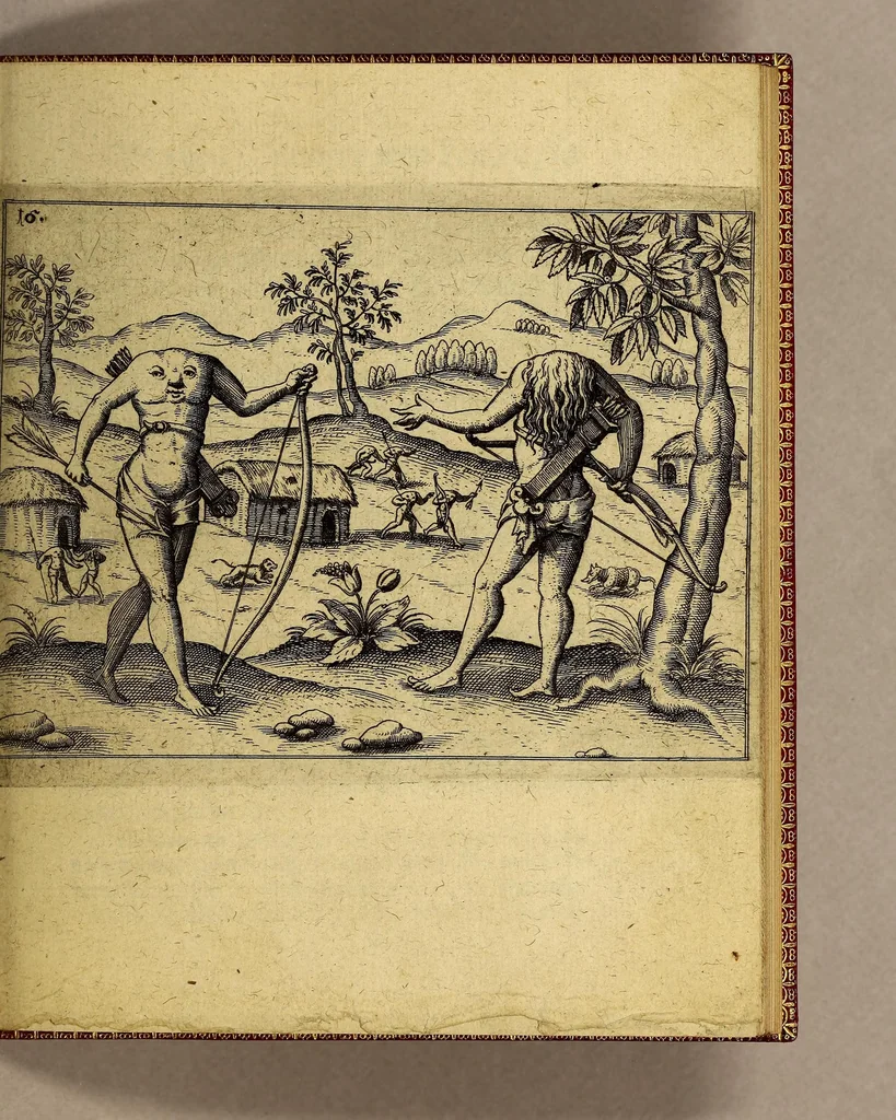 An illustration from Die fünffte kurtze wunderbare Beschreibung, dess Goldreichen Königreichs Guianae in America oder neuen Welt, vnter der Linea Aequinoctiali gelegen: so neulich Anno 1594. 1595. vnd 1596. von dem wolgebornen Herrn, Herrn Walthero Ralegh einem englischen Ritter, besucht worden: : erstlich auss befehl seiner Gnaden in zweyen Büchlein beschrieben, darauss Jodocus Hondius, ein schöne Land Tafel, mit einer niderländischen Erklärung gemacht. Jetzt aber ins Hochteutsch gebracht, vnd auss vnterschiedlichen Authoribus erkläret, 1603, leaf 37