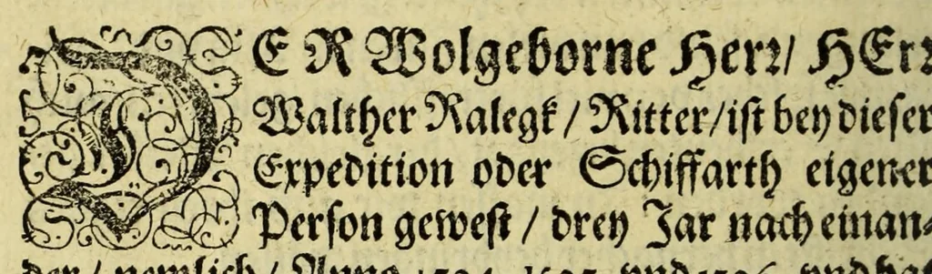 An illustration from Die fünffte kurtze wunderbare Beschreibung, dess Goldreichen Königreichs Guianae in America oder newen Welt, vnter der Linea Aequinoctiali gelegen: so neulich Anno 1594. 1595. vnd 1596. von dem wolgebornen Herrn, Herrn Walthero Ralegh einem englischen Ritter, besucht worden: : erstlich auss befehl seiner Gnaden in zweyen Büchlein beschrieben, darauss Jodocus Hondius, eine schöne Landt Tafel, mit einer niderländischen Erklärung gemacht. Jetzt aber ins Hochteutsch gebracht, vnd auss vnterschiedlichen Authoribus erkläret, 1612, leaf 14