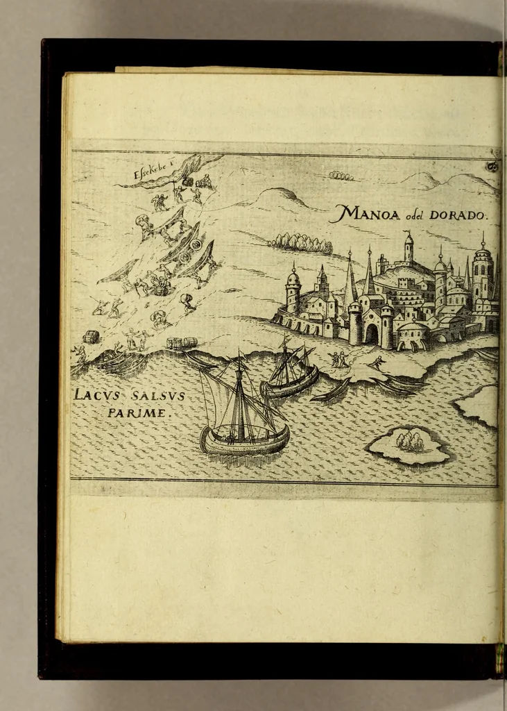 An illustration from Die fünffte kurtze wunderbare Beschreibung, dess Goldreichen Königreichs Guianae in America oder newen Welt, vnter der Linea Aequinoctiali gelegen: so neulich Anno 1594. 1595. vnd 1596. von dem wolgebornen Herrn, Herrn Walthero Ralegh einem englischen Ritter, besucht worden: : erstlich auss befehl seiner Gnaden in zweyen Büchlein beschrieben, darauss Jodocus Hondius, eine schöne Landt Tafel, mit einer niderländischen Erklärung gemacht. Jetzt aber ins Hochteutsch gebracht, vnd auss vnterschiedlichen Authoribus erkläret, 1612, leaf 26