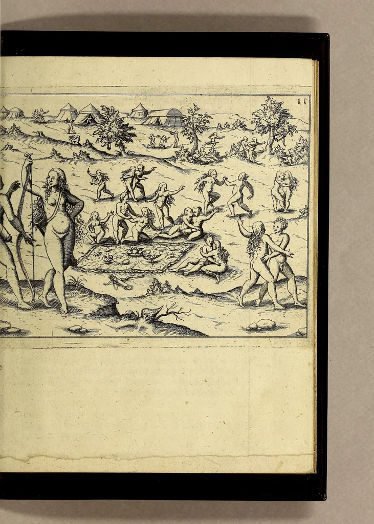 An illustration from Die fünffte kurtze wunderbare Beschreibung, dess Goldreichen Königreichs Guianae in America oder newen Welt, vnter der Linea Aequinoctiali gelegen: so neulich Anno 1594. 1595. vnd 1596. von dem wolgebornen Herrn, Herrn Walthero Ralegh einem englischen Ritter, besucht worden: : erstlich auss befehl seiner Gnaden in zweyen Büchlein beschrieben, darauss Jodocus Hondius, eine schöne Landt Tafel, mit einer niderländischen Erklärung gemacht. Jetzt aber ins Hochteutsch gebracht, vnd auss vnterschiedlichen Authoribus erkläret, 1612, leaf 31