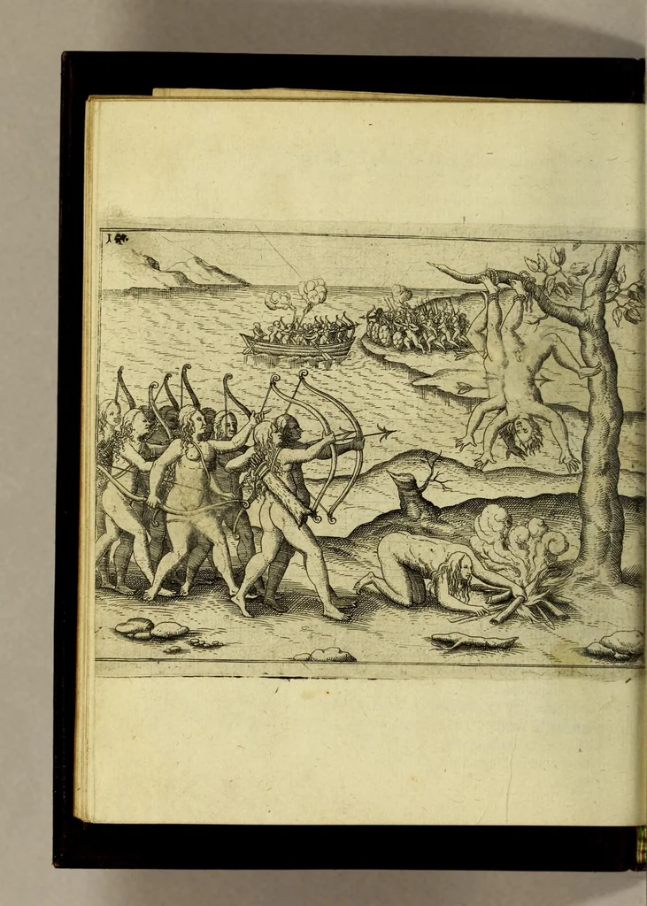 An illustration from Die fünffte kurtze wunderbare Beschreibung, dess Goldreichen Königreichs Guianae in America oder newen Welt, vnter der Linea Aequinoctiali gelegen: so neulich Anno 1594. 1595. vnd 1596. von dem wolgebornen Herrn, Herrn Walthero Ralegh einem englischen Ritter, besucht worden: : erstlich auss befehl seiner Gnaden in zweyen Büchlein beschrieben, darauss Jodocus Hondius, eine schöne Landt Tafel, mit einer niderländischen Erklärung gemacht. Jetzt aber ins Hochteutsch gebracht, vnd auss vnterschiedlichen Authoribus erkläret, 1612, leaf 36