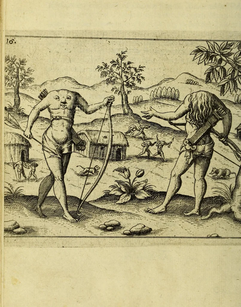 An illustration from Die fünffte kurtze wunderbare Beschreibung, dess Goldreichen Königreichs Guianae in America oder newen Welt, vnter der Linea Aequinoctiali gelegen: so neulich Anno 1594. 1595. vnd 1596. von dem wolgebornen Herrn, Herrn Walthero Ralegh einem englischen Ritter, besucht worden: : erstlich auss befehl seiner Gnaden in zweyen Büchlein beschrieben, darauss Jodocus Hondius, eine schöne Landt Tafel, mit einer niderländischen Erklärung gemacht. Jetzt aber ins Hochteutsch gebracht, vnd auss vnterschiedlichen Authoribus erkläret, 1612, leaf 40