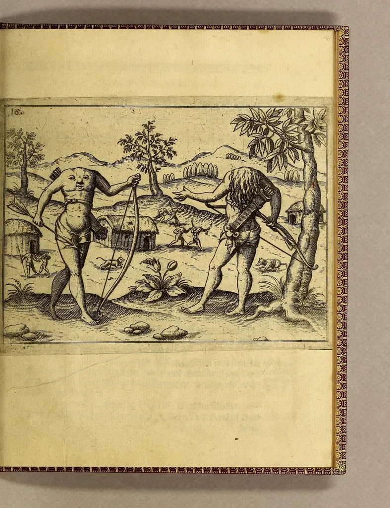 An illustration from Die fünffte kurtze wunderbare Beschreibung, dess Goldreichen Königreichs Guianae in America oder newen Welt, vnter der Linea Aequinoctiali gelegen: so neulich Anno 1594. 1595. vnd 1596. von dem wolgebornen Herrn, Herrn Walthero Ralegh einem englischen Ritter, besucht worden: : erstlich auss befehl seiner Gnaden in zweyen Büchlein beschrieben, darauss Jodocus Hondius, eine schöne Landt Tafel, mit einer niderländischen Erklärung gemacht. Jetzt aber ins Hochteutsch gebracht, vnd auss vnterschiedlichen Authoribus erkläret, 1612, leaf 37